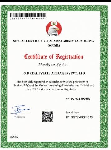 SCUML Certificate of Registration for O.B Real Estate Appraisers